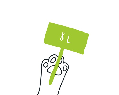 Grafik einer Katze, die ein Schild mit der Aufschrift acht Liter hält