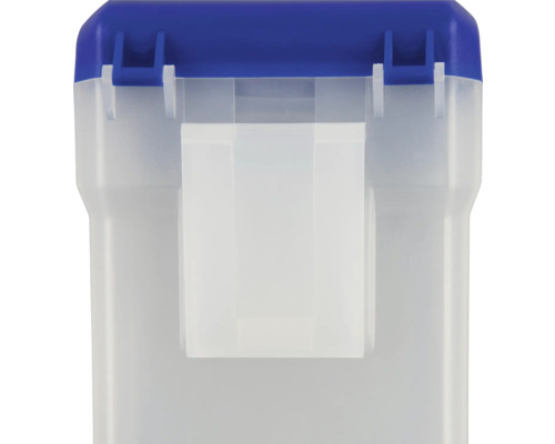 Detailaufnahme einer transparenten Aufbewahrungsbox mit blauem Deckel