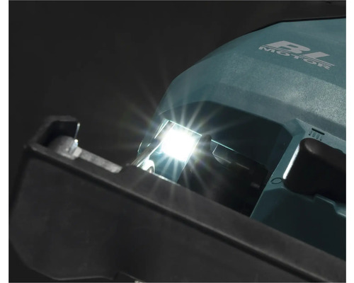 Nahaufnahme einer Stichsäge mit eingeschalteter LED-Beleuchtung