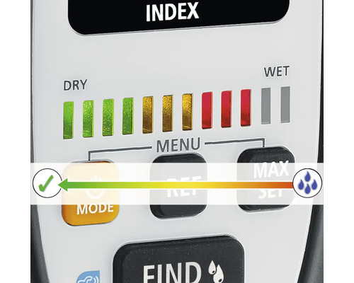 Detailansicht einer Feuchtigkeitsanzeige mit Index von trocken bis feucht