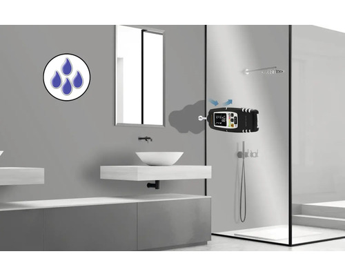 Modernes Badezimmer mit Feuchtigkeitssymbol und Feuchtigkeitsmesser