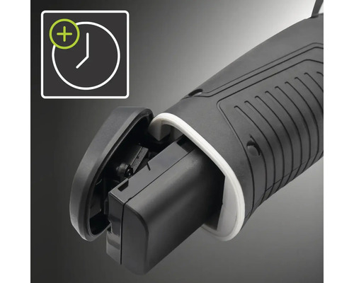 Aufsicht auf einen Akku, der in ein Elektrowerkzeug eingesetzt wird, sowie ein Symbol für längere Akkulaufzeit.