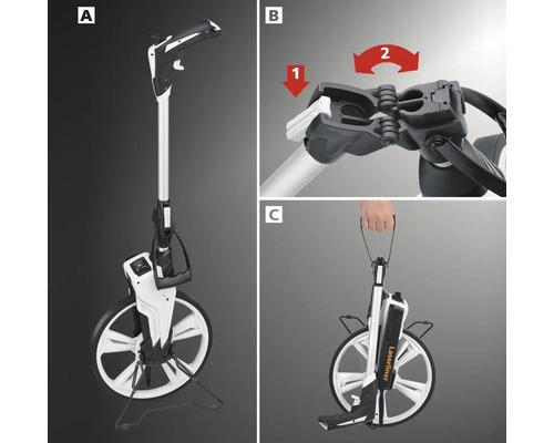 Rad-Entfernungsmesser mit einklappbarem Griff in verschiedenen Ansichten