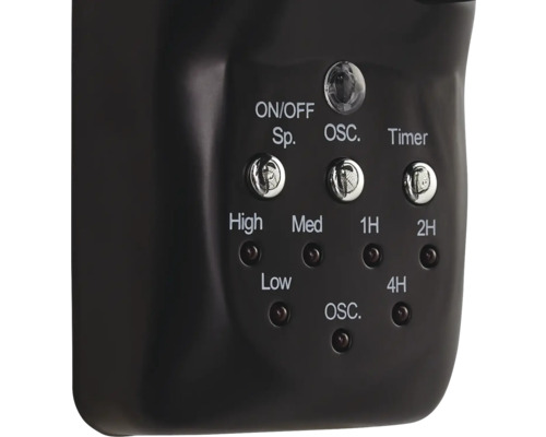 Nahaufnahme der Bedienelemente eines Ventilators mit Schaltern für Geschwindigkeit, Oszillation und Timer.