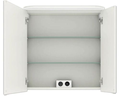 Offener Badezimmerspiegelschrank mit zwei Glasböden und Steckdose