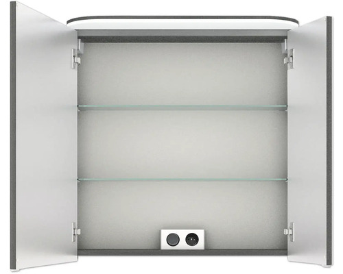 Offener Spiegelschrank mit zwei Glaseinlegeböden und Steckdose