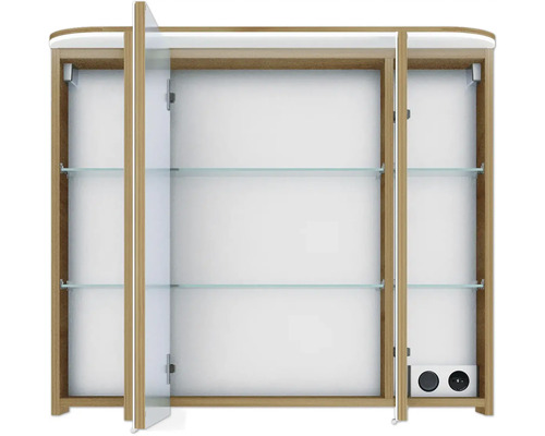 Offener Spiegelschrank mit Glasablagen und Steckdosen