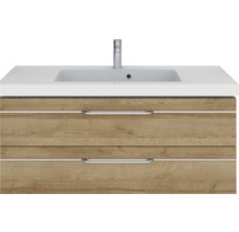 Badmöbel-Set Pelipal Sunline 108 BxHxT 123 x 200 x 50,8 cm Frontfarbe eiche riviera Badmöbelset 3-teilig mit Waschtisch Mineralmarmor weiß und Waschtischunterschrank Spiegelschrank mit LED-Beleuchtung
