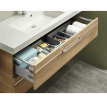 Badmöbel-Set Pelipal Sunline 108 BxHxT 123 x 200 x 50,8 cm Frontfarbe eiche riviera Badmöbelset 3-teilig mit Waschtisch Mineralmarmor weiß und Waschtischunterschrank Spiegelschrank mit LED-Beleuchtung