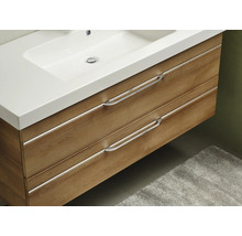 Badmöbel-Set Pelipal Sunline 108 BxHxT 123 x 200 x 50,8 cm Frontfarbe eiche riviera Badmöbelset 3-teilig mit Waschtisch Mineralmarmor weiß und Waschtischunterschrank Spiegelschrank mit LED-Beleuchtung