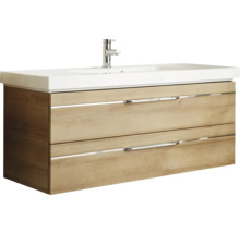 Badmöbel-Set Pelipal Sunline 108 BxHxT 123 x 200 x 50,8 cm Frontfarbe eiche riviera Badmöbelset 3-teilig mit Waschtisch Mineralmarmor weiß und Waschtischunterschrank Spiegelschrank mit LED-Beleuchtung