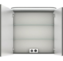 Geöffneter Spiegelschrank mit zwei Glasböden und Steckdose