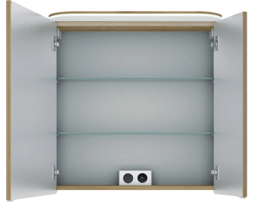 Offener Spiegelschrank mit zwei Glasböden und Steckdose