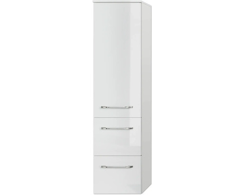 Weißer Hochschrank mit drei Schubladen und Metallgriffen