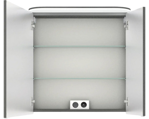 Offener Spiegelschrank mit zwei Regalböden und Steckdose