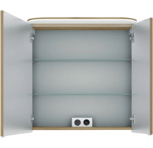Geöffneter Spiegelschrank mit zwei Glasböden und einer Steckdose