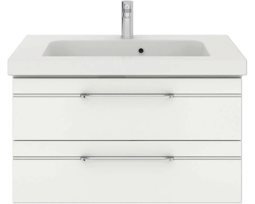 Waschtischunterschrank mit zwei Schubladen und Aufsatzwaschbecken sowie Armatur