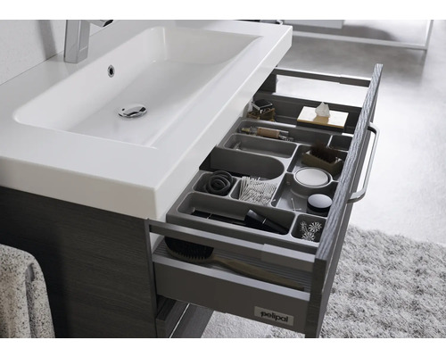 Badezimmerschrank mit Waschbecken und Schubladen mit Fächern zur Aufbewahrung