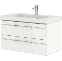 Badmöbel-Set Pelipal Sunline 108 BxHxT 122 x 200 x 50,8 cm Frontfarbe weiß hochglanz Badmöbelset 4-teilig mit Waschtisch Mineralmarmor weiß und Waschtischunterschrank Spiegelschrank mit LED-Beleuchtung Wandschrank
