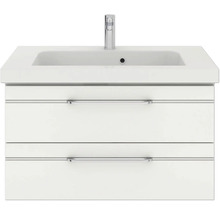 Badmöbel-Set Pelipal Sunline 108 BxHxT 122 x 200 x 50,8 cm Frontfarbe weiß hochglanz Badmöbelset 4-teilig mit Waschtisch Mineralmarmor weiß und Waschtischunterschrank Spiegelschrank mit LED-Beleuchtung Wandschrank