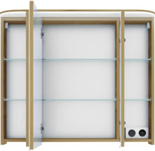 Geöffneter Spiegelschrank mit Glasböden und Steckdosen