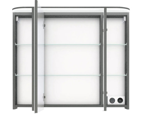 Spiegelschrank mit offenen Türen und Steckdosen