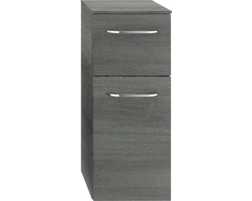 Grauer Unterschrank mit zwei Schubladen und Griffen für das Badezimmer