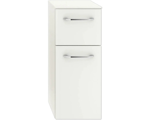 Weißer Badezimmer-Unterschrank mit zwei Schubladen und silberfarbenen Griffen