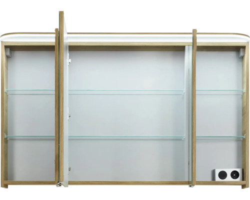 Geöffneter Spiegelschrank mit Glaseinlegeböden