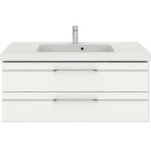 Badmöbel-Set Pelipal Sunline 108 BxHxT 153 x 200 x 50,8 cm Frontfarbe weiß hochglanz Badmöbelset 4-teilig mit Waschtisch Mineralmarmor weiß und Waschtischunterschrank Spiegelschrank mit LED-Beleuchtung Wandschrank
