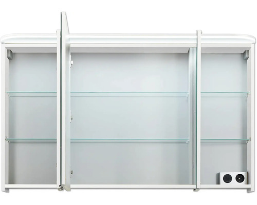 Offener dreitüriger Spiegelschrank mit Glasablagen