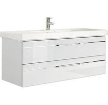 Badmöbel-Set Pelipal Sunline 108 BxHxT 153 x 200 x 50,8 cm Frontfarbe weiß hochglanz Badmöbelset 4-teilig mit Waschtisch Mineralmarmor weiß und Waschtischunterschrank Spiegelschrank mit LED-Beleuchtung Wandschrank