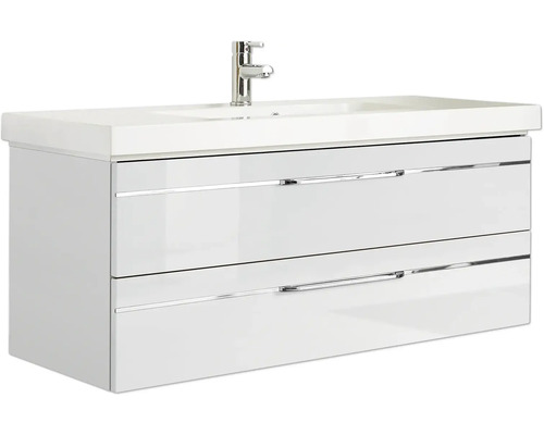 Weißer Waschtisch mit zwei Schubladen und Aufsatzwaschbecken mit Armatur.