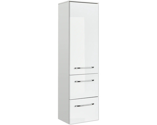 Weißer Bad-Hochschrank mit drei Schubladen und verchromten Griffen.