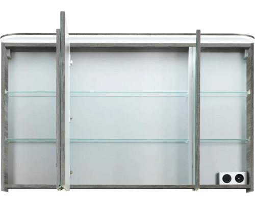 Offener dreitüriger Spiegelschrank mit Glasablagen