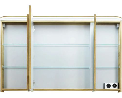 Offener Spiegelschrank mit drei Türen und Glasablagen