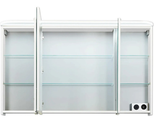 Offener dreitüriger Spiegelschrank mit Glasablagen für das Badezimmer