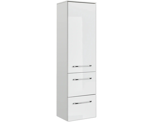 Weißer Bad-Hochschrank mit drei Schubladen und verchromten Griffen