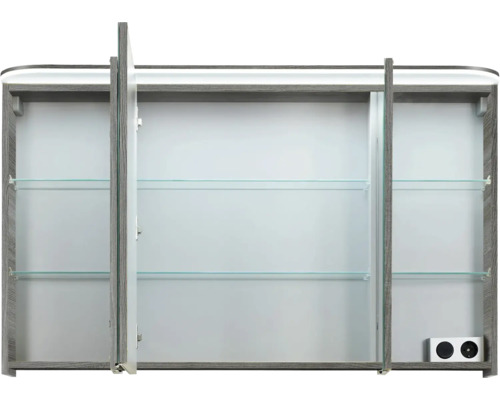 Offener Spiegelschrank mit drei Türen und Glasablagen