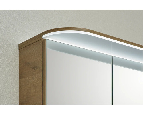 Detailaufnahme eines Spiegelschranks mit Beleuchtung und Holzdekor