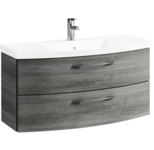 Badmöbel-Set Pelipal Sunline 104 BxHxT 101 x 200 x 50,5 cm Frontfarbe graphit struktur quer Badmöbelset 3-teilig mit Waschtisch Mineralmarmor weiß und Waschtischunterschrank Spiegelschrank mit LED-Beleuchtung