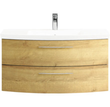 Badmöbel-Set Pelipal Sunline 104 BxHxT 101 x 200 x 50,5 cm Frontfarbe eiche riviera Badmöbelset 3-teilig mit Waschtisch Mineralmarmor weiß und Waschtischunterschrank Spiegelschrank mit LED-Beleuchtung