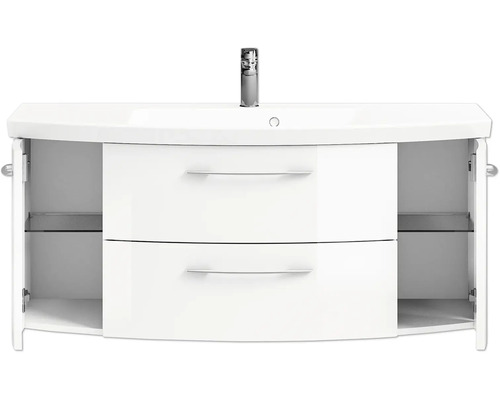 Waschtischunterschrank mit zwei Schubladen und offenen Türen.