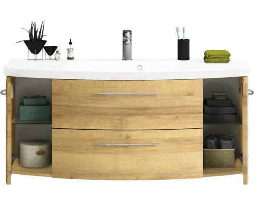 Waschtisch mit zwei Schubladen, offenen Fächern und Aufsatzwaschbecken