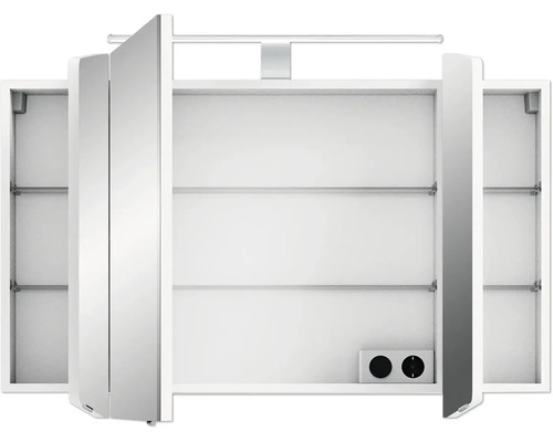 Offener Spiegelschrank mit Regalböden und Steckdosen