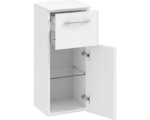 Weißer Badschrank mit Schublade und Tür mit Glasregal