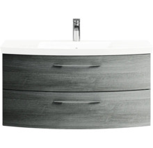 Badmöbel-Set Pelipal Sunline 104 BxHxT 131 x 200 x 50,5 cm Frontfarbe graphit struktur quer Badmöbelset 4-teilig mit Waschtisch Mineralmarmor weiß und Waschtischunterschrank Spiegelschrank mit LED-Beleuchtung Unterschrank