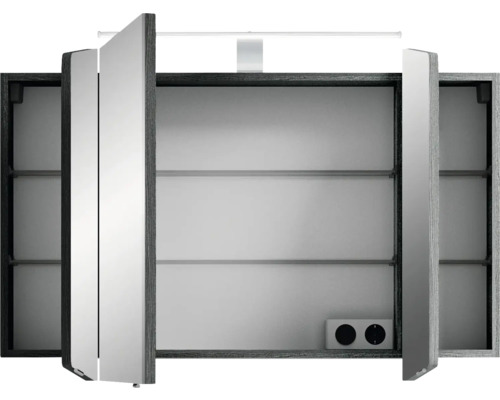 Offener Spiegelschrank mit Beleuchtung und Steckdose