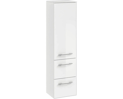 Weißer Bad-Hochschrank mit drei Schubladen und Griffen