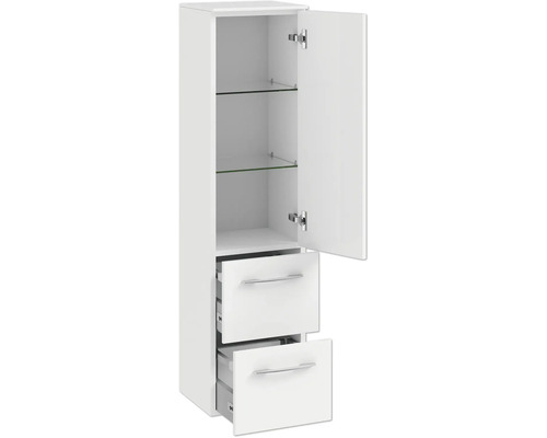 Weißer Badezimmer Hochschrank mit zwei Schubladen und Glasböden